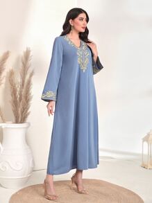 Al Najma Floral Embroidery V Neck Kaftan - Dusty Blue - View 3