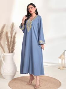 Al Najma Floral Embroidery V Neck Kaftan - Dusty Blue - View 4
