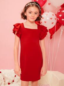 SHEIN Girls 1pc Square Neck Butterfly Sleeve Dress - Red - View 3