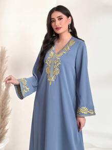 Al Najma Floral Embroidery V Neck Kaftan - Dusty Blue - View 5