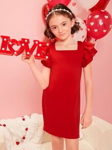 SHEIN Girls 1pc Square Neck Butterfly Sleeve Dress - Red - View 4