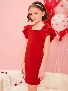 SHEIN Girls 1pc Square Neck Butterfly Sleeve Dress - Red - View 1