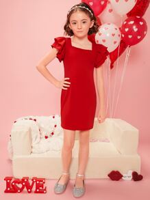 SHEIN Girls 1pc Square Neck Butterfly Sleeve Dress - Red - View 5