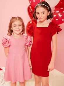 SHEIN Girls 1pc Square Neck Butterfly Sleeve Dress - Red - View 6