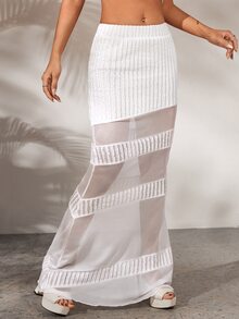 SHEIN ICON Solid Mesh Insert Skirt - White - View 3