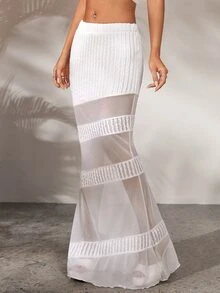 SHEIN ICON Solid Mesh Insert Skirt - White - View 4
