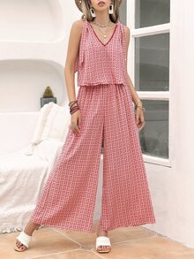 Rusttydustty Allover Print Tie Shoulder Top & Wide Leg Trousers - Pink - View 4