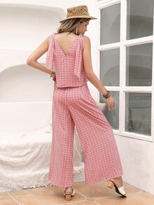 Rusttydustty Allover Print Tie Shoulder Top & Wide Leg Trousers - Pink - View 2