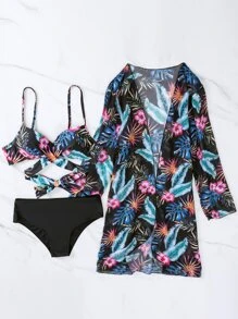 SHEIN Swim Bikini-Set für den Sommer mit tropischem Muster, Bügel-Unterteil und Wickel-Oberteil, inklusive Kimono