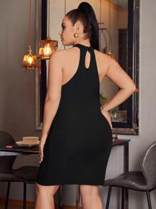 SHEIN SXY Plus Mesh Insert Halter Neck Cut Out Back Bodycon Dress - Black - View 2