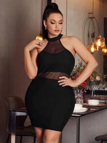 SHEIN SXY Plus Mesh Insert Halter Neck Cut Out Back Bodycon Dress - Black - View 4