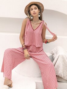 Rusttydustty Allover Print Tie Shoulder Top & Wide Leg Trousers - Pink - View 5