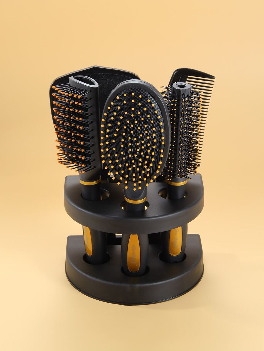 6pcs Handheld Mirror & Hair Brush & Holder Set, Cushion Hair Brush, Round Hair Brush, Ribs Comb, Wide Tooth Comb, Detangling Hair Home Barber Shop, Salon Hairdressing Styling Tool With Mirror,Back To School,Travel Holiday Essentials,Hair Accessories For Women - Black - View 1