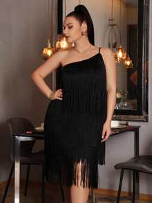 SHEIN Privé Plus One Shoulder Layered Fringe Trim Dress - Black - View 6