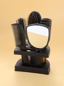 6pcs Handheld Mirror & Hair Brush & Holder Set, Cushion Hair Brush, Round Hair Brush, Ribs Comb, Wide Tooth Comb, Detangling Hair Home Barber Shop, Salon Hairdressing Styling Tool With Mirror,Back To School,Travel Holiday Essentials,Hair Accessories For Women - Black - View 2