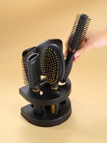 6pcs Handheld Mirror & Hair Brush & Holder Set, Cushion Hair Brush, Round Hair Brush, Ribs Comb, Wide Tooth Comb, Detangling Hair Home Barber Shop, Salon Hairdressing Styling Tool With Mirror,Back To School,Travel Holiday Essentials,Hair Accessories For Women - Black - View 3