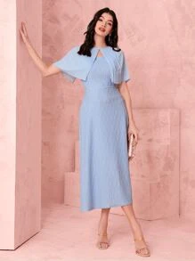 Modelyn Keyhole Neckline Pleated Mesh Overlay Dress - Baby Blue - View 1
