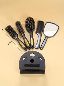 6pcs Handheld Mirror & Hair Brush & Holder Set, Cushion Hair Brush, Round Hair Brush, Ribs Comb, Wide Tooth Comb, Detangling Hair Home Barber Shop, Salon Hairdressing Styling Tool With Mirror,Back To School,Travel Holiday Essentials,Hair Accessories For Women - Black - View 5