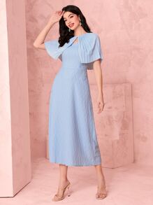 Modelyn Keyhole Neckline Pleated Mesh Overlay Dress - Baby Blue - View 3