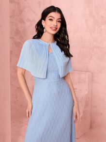 Modelyn Keyhole Neckline Pleated Mesh Overlay Dress - Baby Blue - View 5