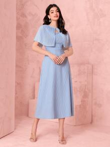 Modelyn Keyhole Neckline Pleated Mesh Overlay Dress - Baby Blue - View 6