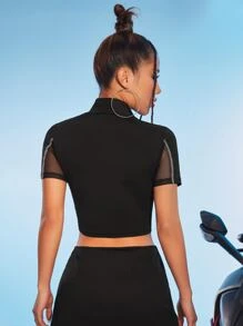 SHEIN ICON Bikercore Top Stitching Zip Front Contrast Mesh Crop Tee - Black - View 2