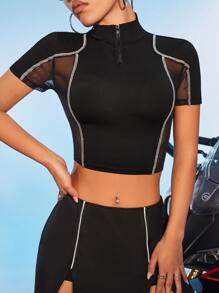 SHEIN ICON Bikercore Top Stitching Zip Front Contrast Mesh Crop Tee - Black - View 5