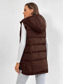 SHEIN Tall Zip Up Hooded Puffer Vest Coat - Rust Brown - View 2