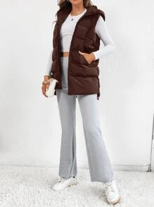 SHEIN Tall Zip Up Hooded Puffer Vest Coat - Rust Brown - View 4