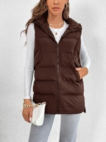 SHEIN Tall Zip Up Hooded Puffer Vest Coat - Rust Brown - View 5