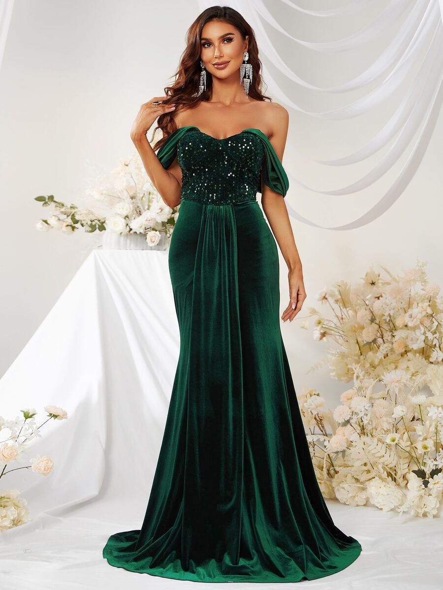 YISIKADO Off Shoulder Ruffle Trim Floor Length Velvet Prom Dress - Dark Green - View 1