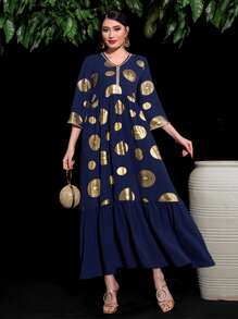 Al Najma 金色圖案印花荷葉邊娃娃裙 - 藏蓝色 - 查看 1
