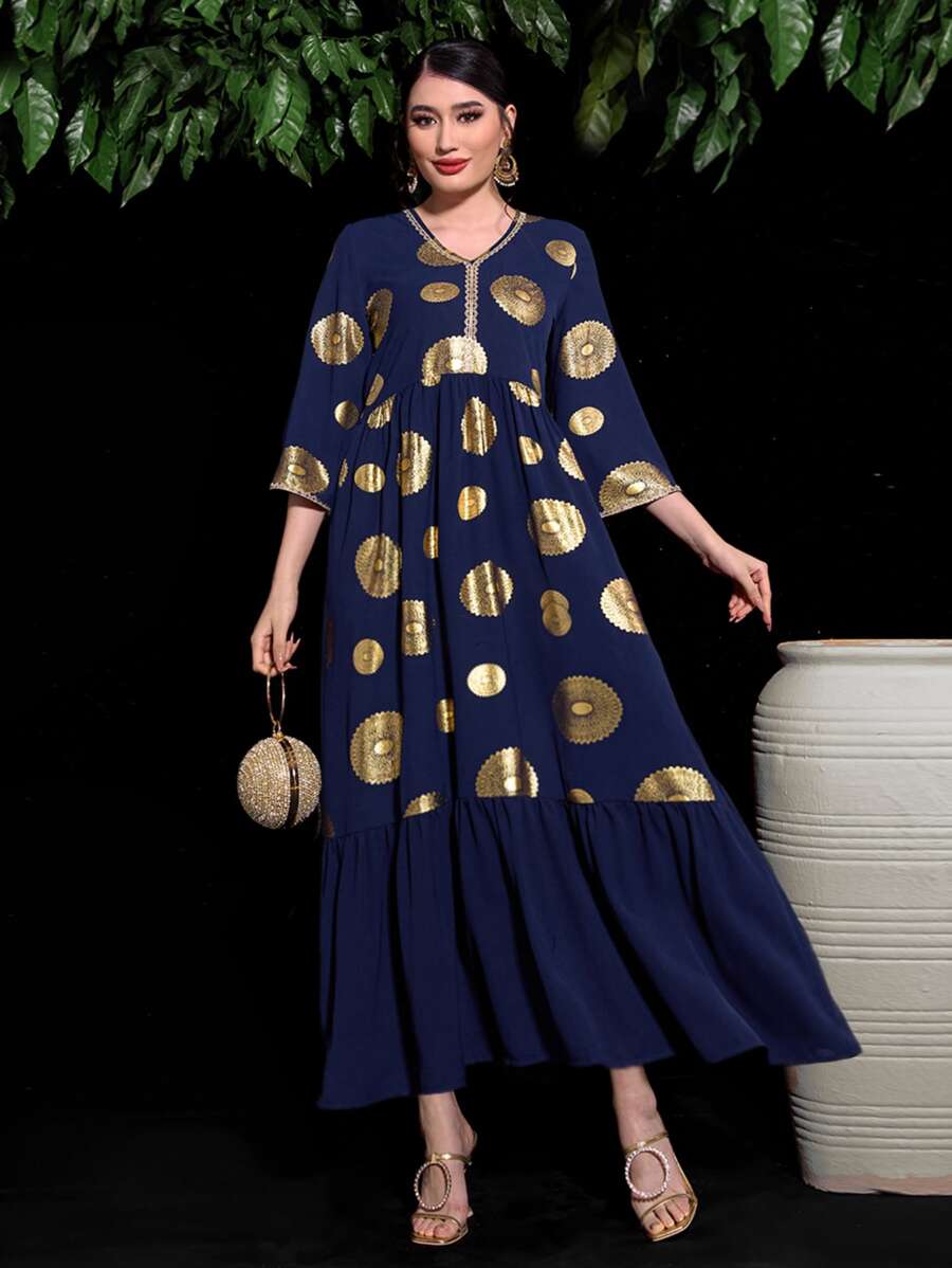 Al Najma 金色圖案印花荷葉邊娃娃裙 - 藏蓝色 - 查看 1