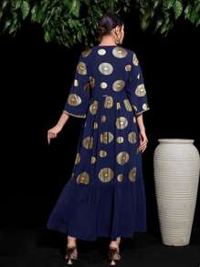 Al Najma 金色圖案印花荷葉邊娃娃裙 - 藏蓝色 - 查看 2