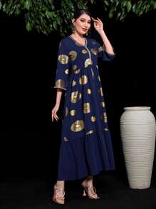 Al Najma 金色圖案印花荷葉邊娃娃裙 - 藏蓝色 - 查看 5