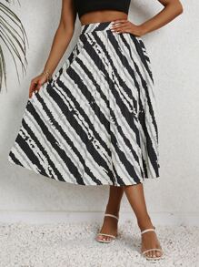 SHEIN VCAY Striped Print Pleated Skirt - Multicolor - View 3