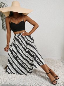 SHEIN VCAY Striped Print Pleated Skirt - Multicolor - View 6