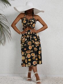 Aveloria Allover Print Contrast Mesh Tie Backless Halter Top & Layered Hem Skirt - Black - View 2