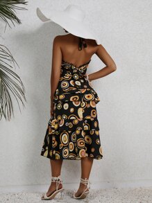 Aveloria Allover Print Contrast Mesh Tie Backless Halter Top & Layered Hem Skirt - Black - View 3