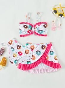 Tween Girl Donut Print Ruffle Trim Bikini Set With Beach Skirt Summer Beach - White - View 1