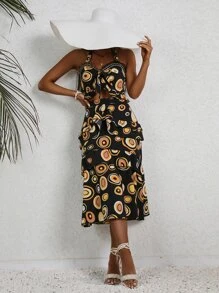 Aveloria Allover Print Contrast Mesh Tie Backless Halter Top & Layered Hem Skirt - Black - View 4