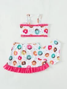 Tween Girl Donut Print Ruffle Trim Bikini Set With Beach Skirt Summer Beach - White - View 2