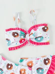 Tween Girl Donut Print Ruffle Trim Bikini Set With Beach Skirt Summer Beach - White - View 3