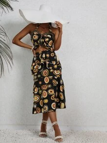 Aveloria Allover Print Contrast Mesh Tie Backless Halter Top & Layered Hem Skirt - Black - View 5