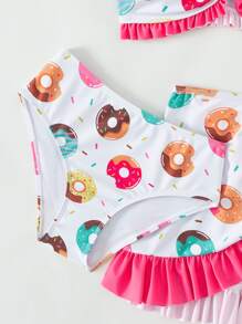 Tween Girl Donut Print Ruffle Trim Bikini Set With Beach Skirt Summer Beach - White - View 4