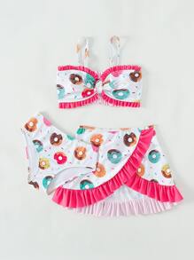 Tween Girl Donut Print Ruffle Trim Bikini Set With Beach Skirt Summer Beach - White - View 5