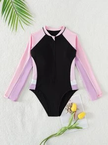 Tween Girl Colorblock Zipper Front One Piece Swimsuit - Multicolor - View 1