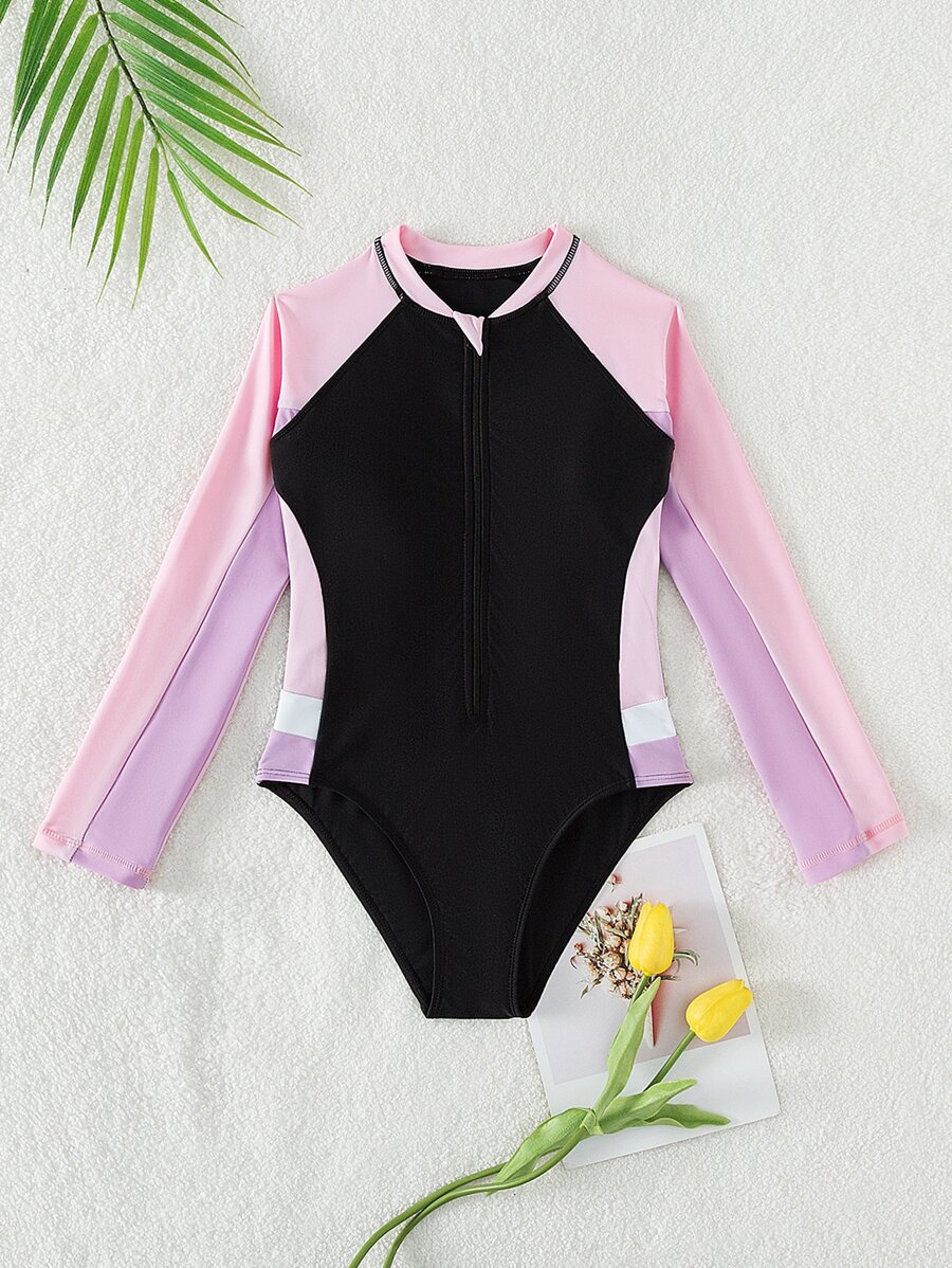 Tween Girl Colorblock Zipper Front One Piece Swimsuit - Multicolor - View 1