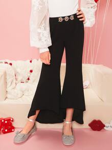 SHEIN Chicas Pantalones acampanados con diseño de diamante de imitación - Negro - Ver 1