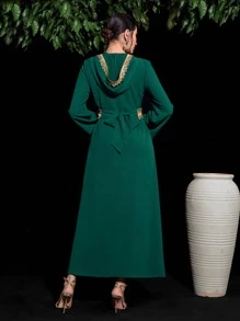 Al Najma Contrast Trimmed Belted A-line Dress - Dark Green - View 2